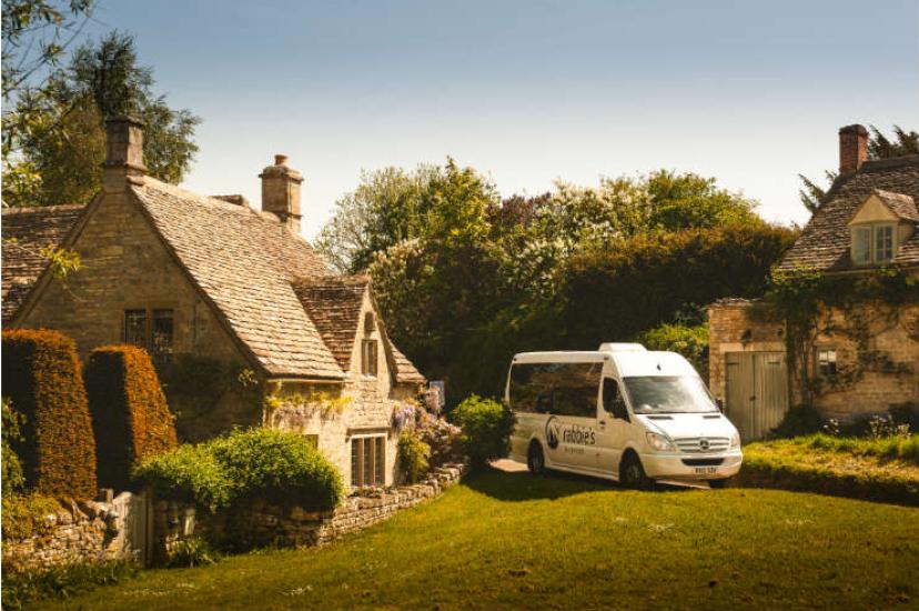 A Rabbie's tour bus in the Cotswolds