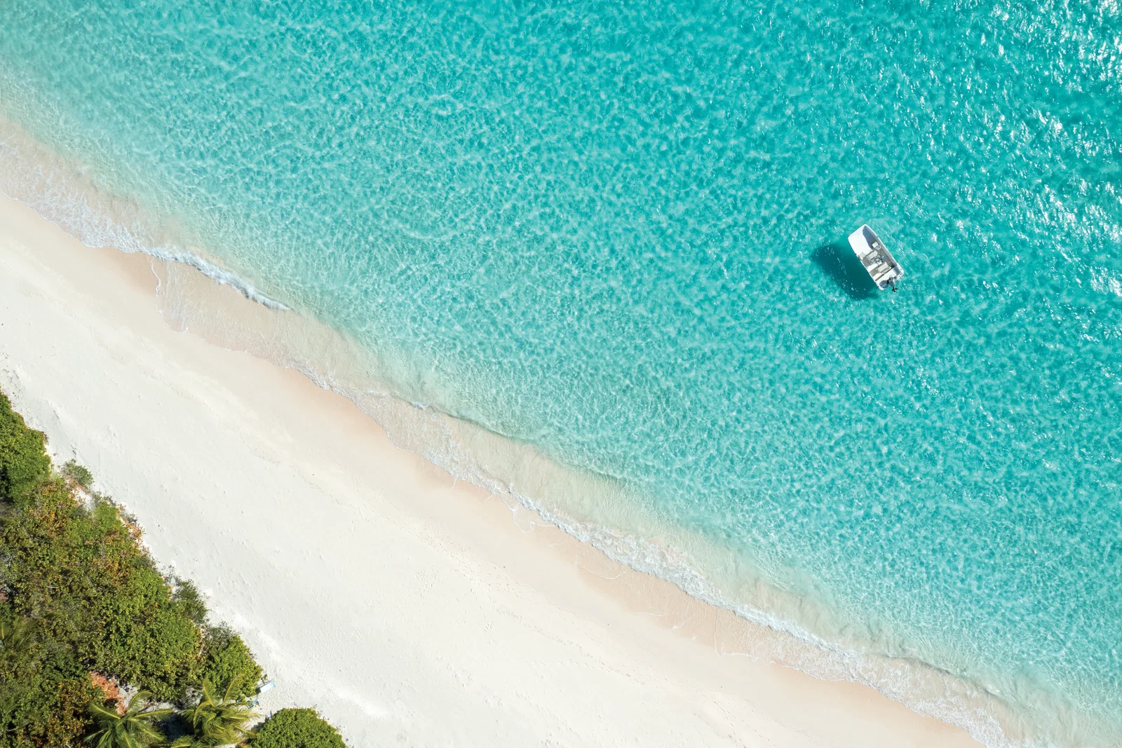 Drone photo of blue ocean water, white sand beach and trees