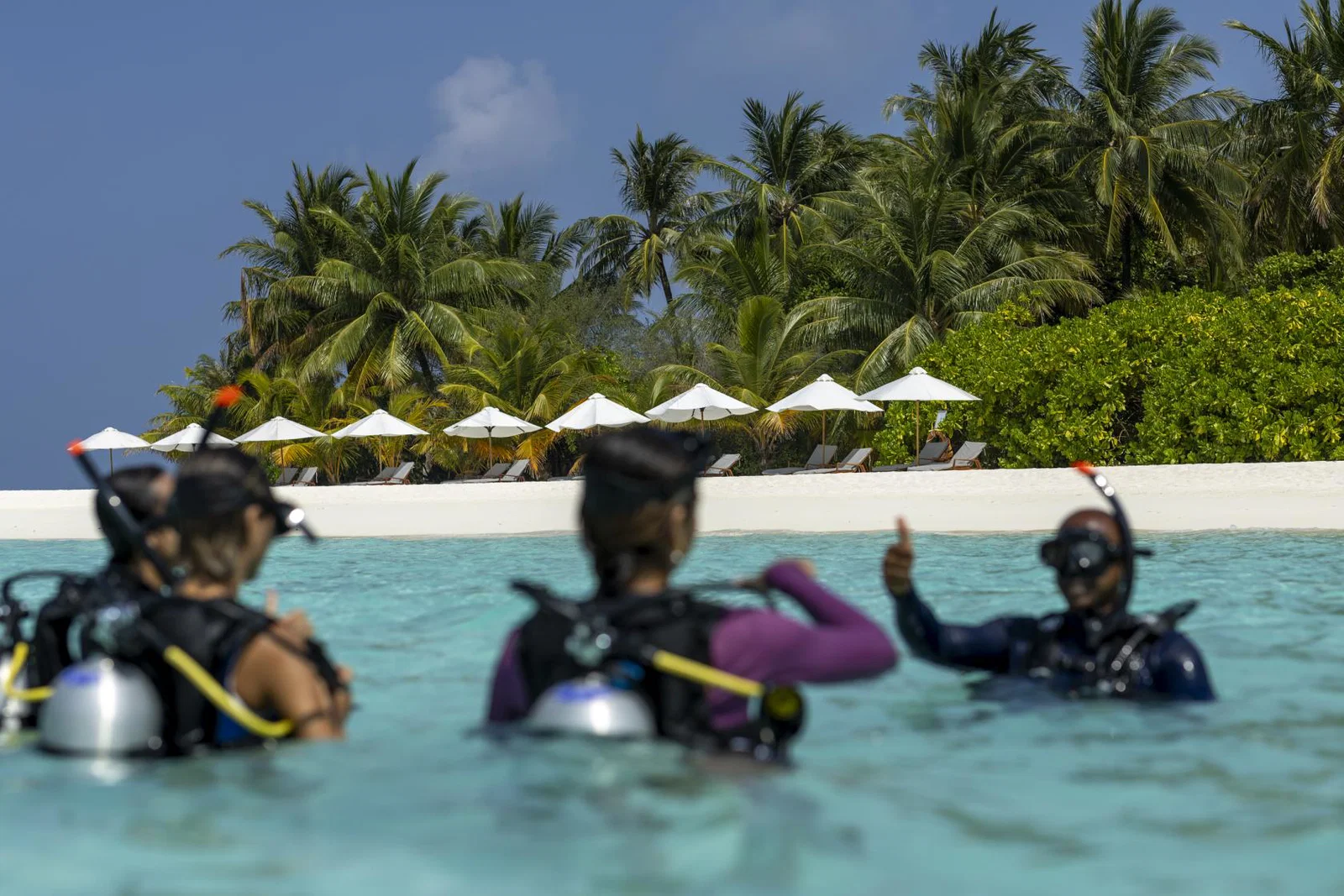 People wearing diving gear on the surface of clear blue ocean water with a white sand, parasol-lined beach in bacground