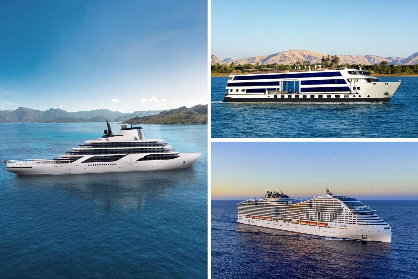 A collage of cruise ships from Four Seasons, Travelmarvel, and MSC Cruises