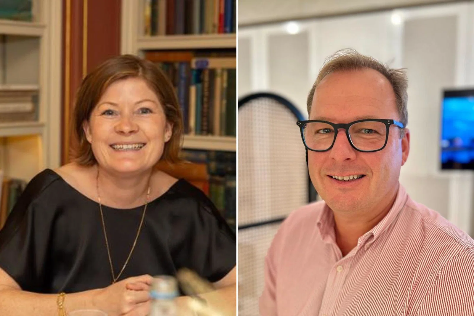 Woman with short brown hair smiling and man with glasses smiling 