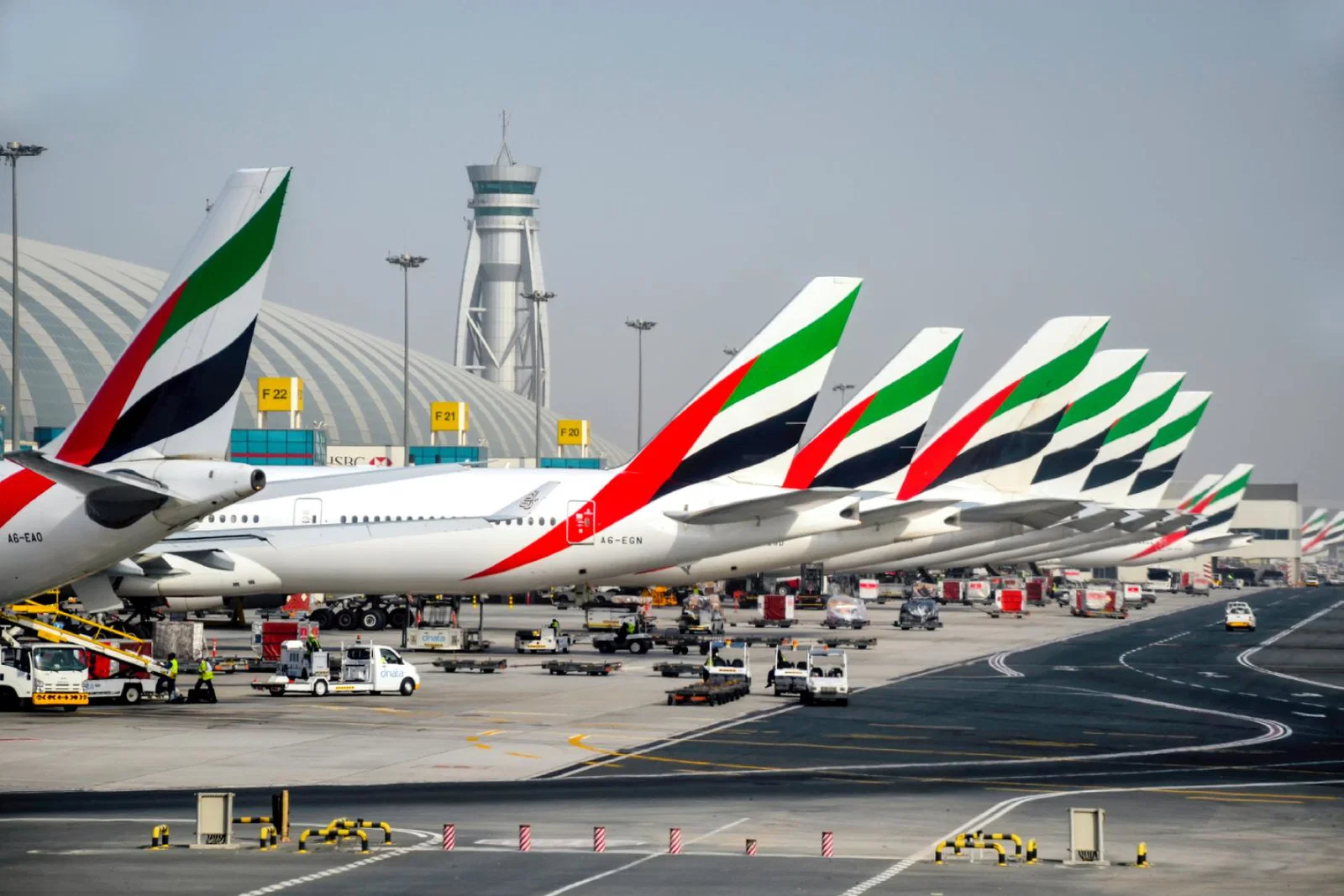Emirates aircraft at the stand at Dubai International airport