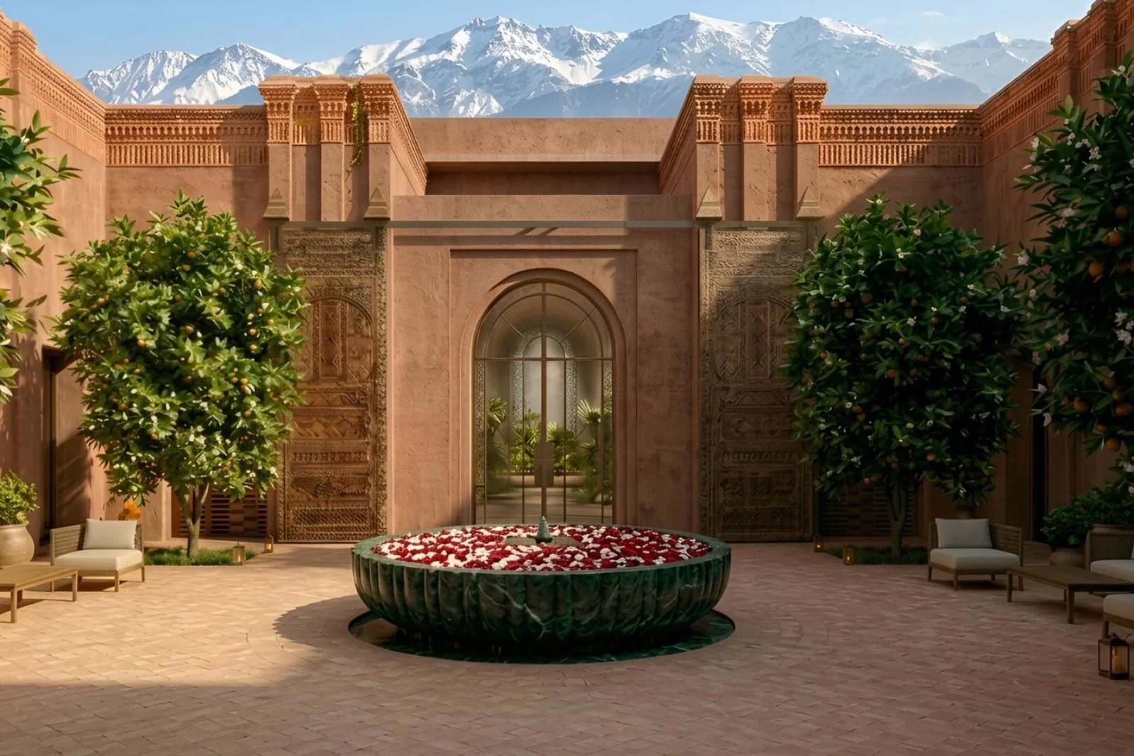 Sandstone grand hotel entrance with green trees and blue sky background