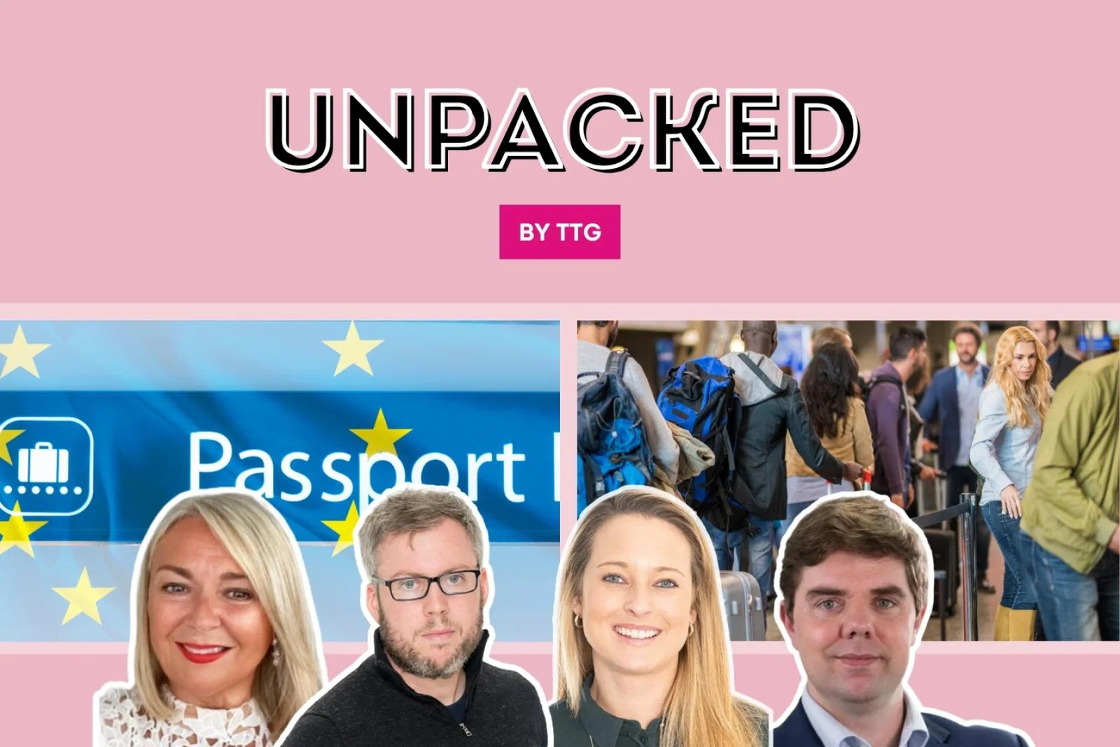 Image of podcast cover showing queues and an EU flag to summarise the EU's Entry-Exit System