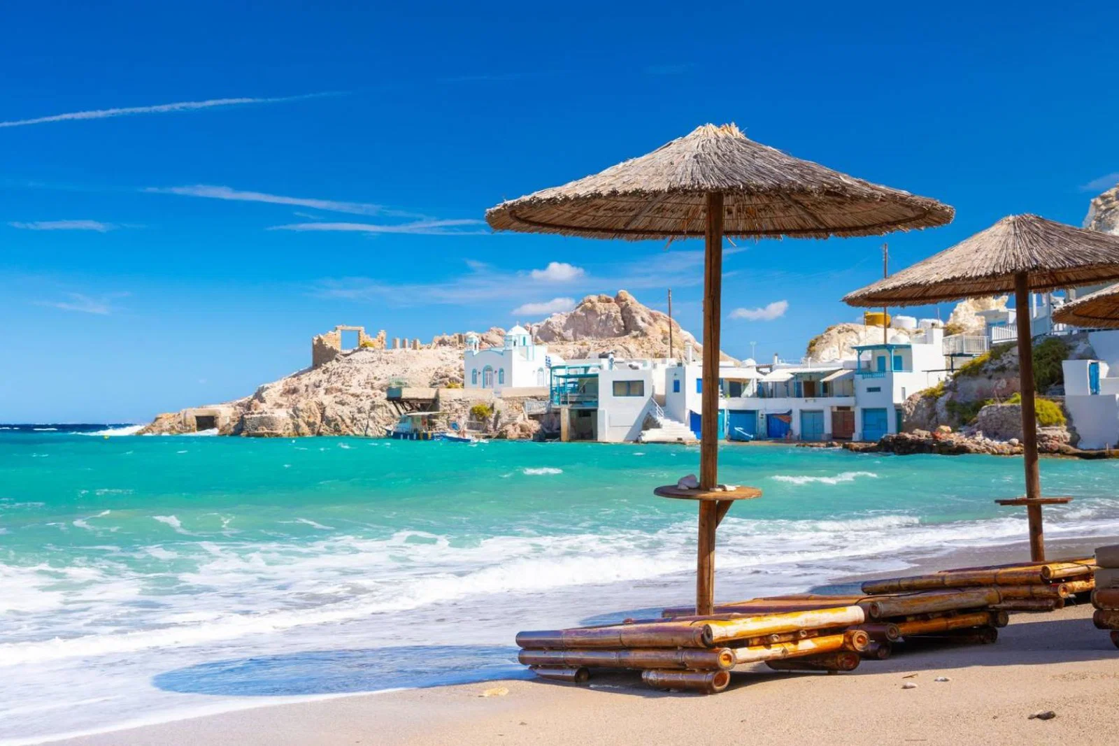 Beach and fishing village of Firapotamos on Milos island, Greece
