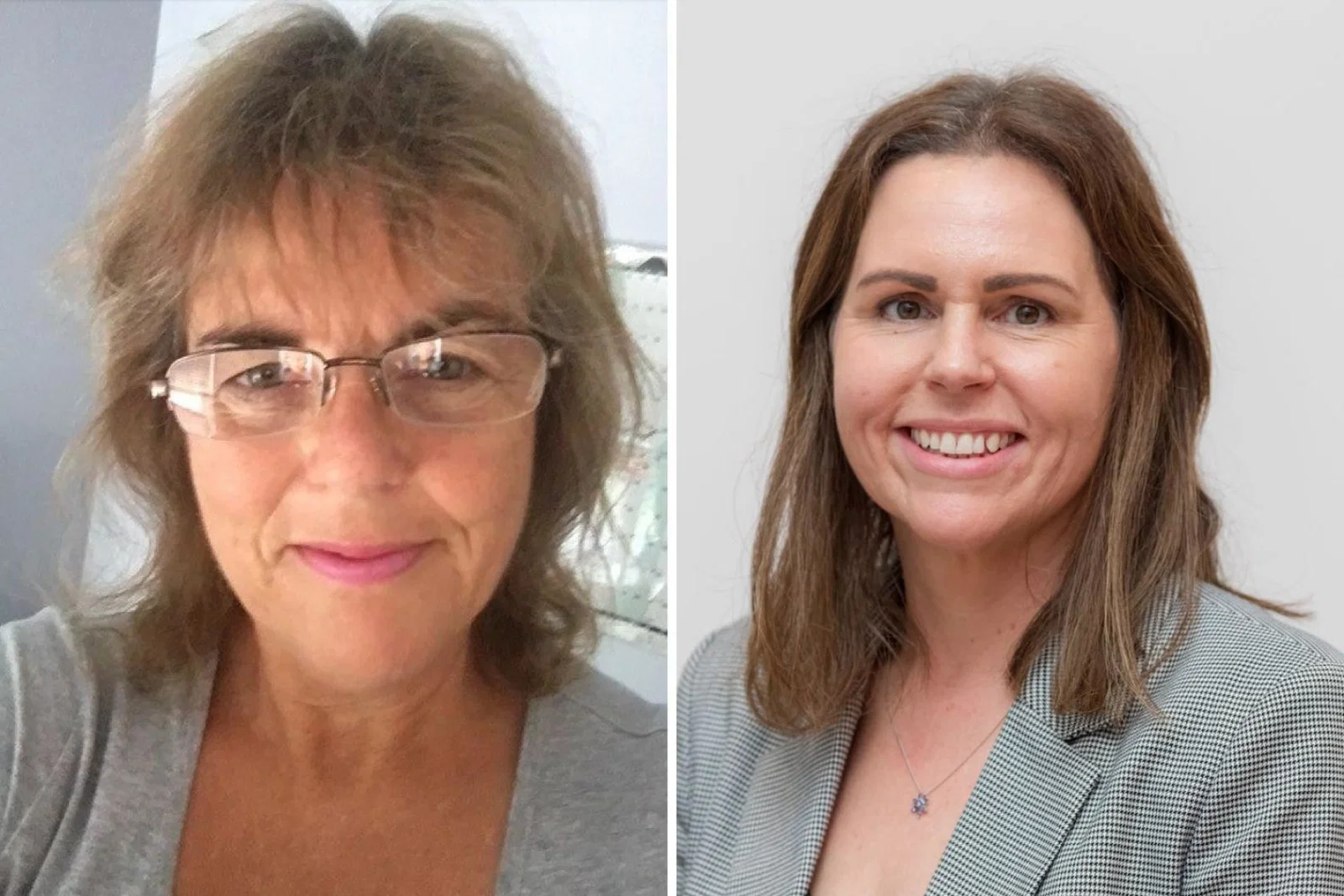 Two headshots of two different women, one with glasses and brown chin-length hair, one with shoulder-length brown hair and blazer 
