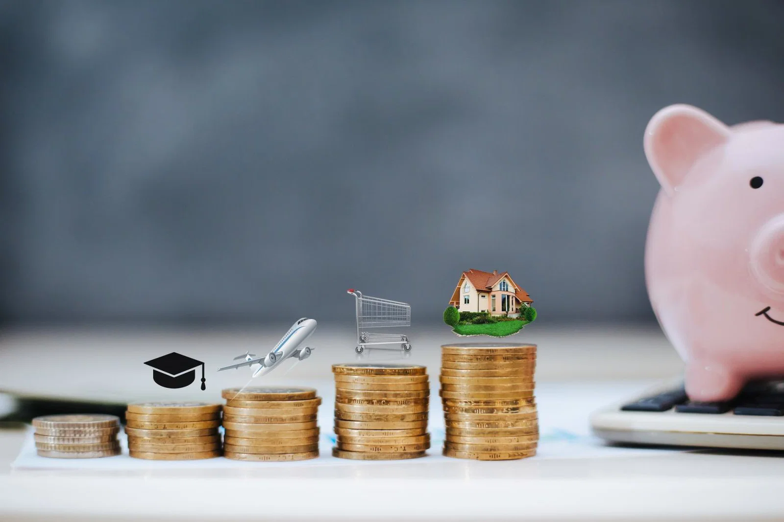 A row of coins of different heights with different spending priorities on top of them next to a piggybank