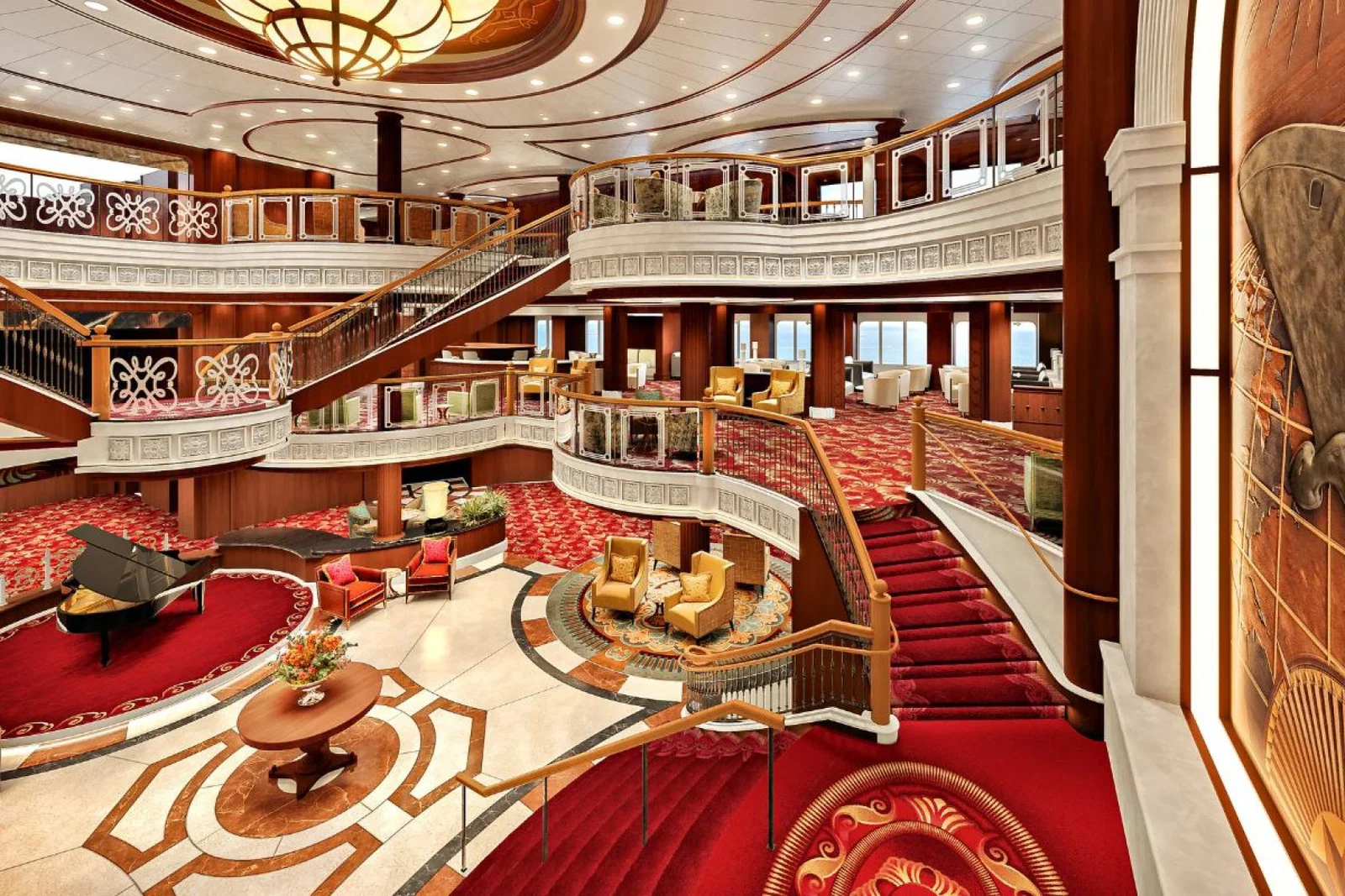 Cruise ship lobby with luxurious red and gold furnishings 