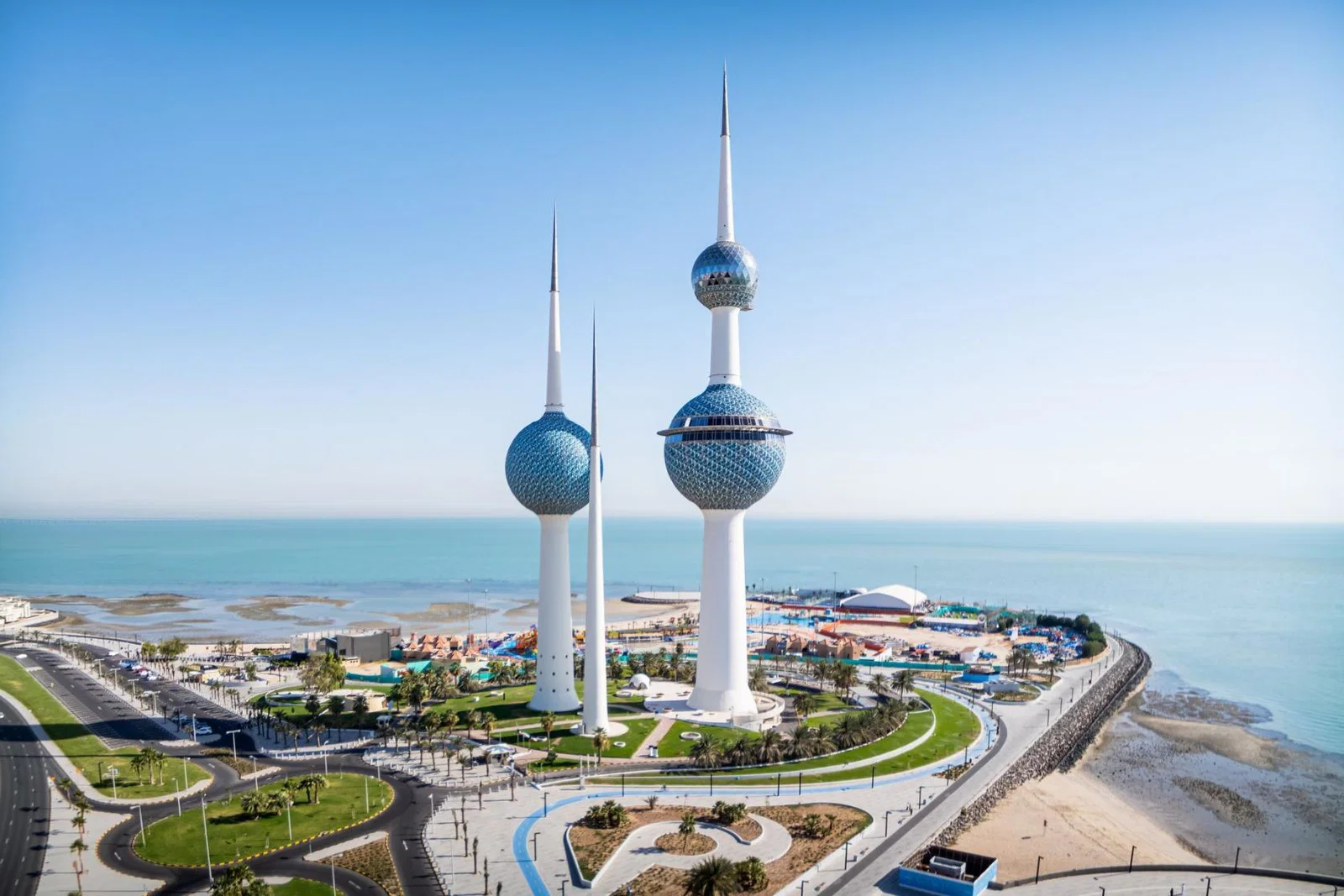 An aerial photograph of the Towers along the coast of Arabian Gulf Street, Kuwait