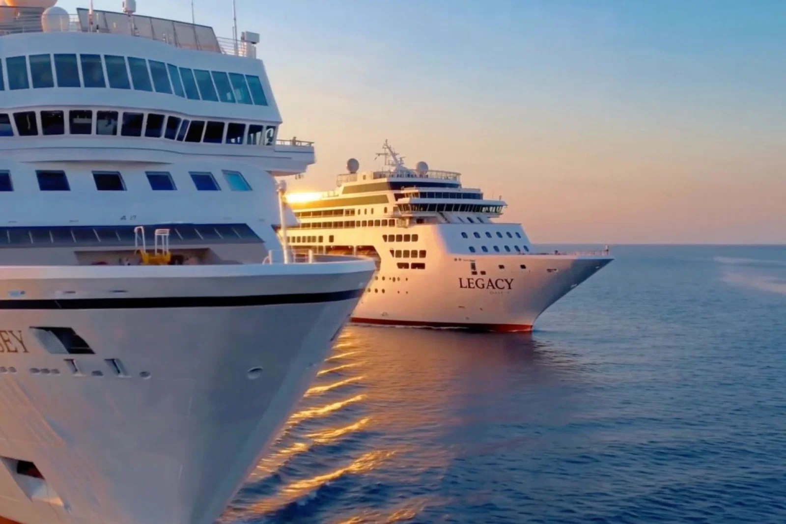 Two cruise ships in the sea with sunset 