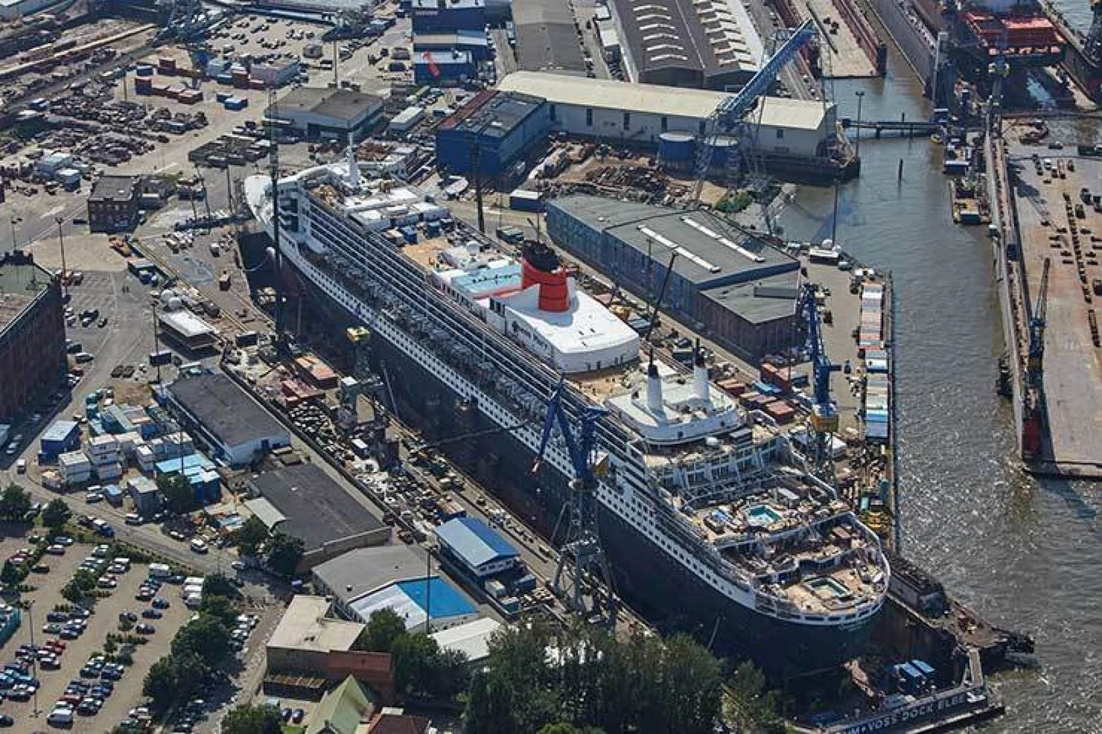 Aerial view of QM2 in dry dock