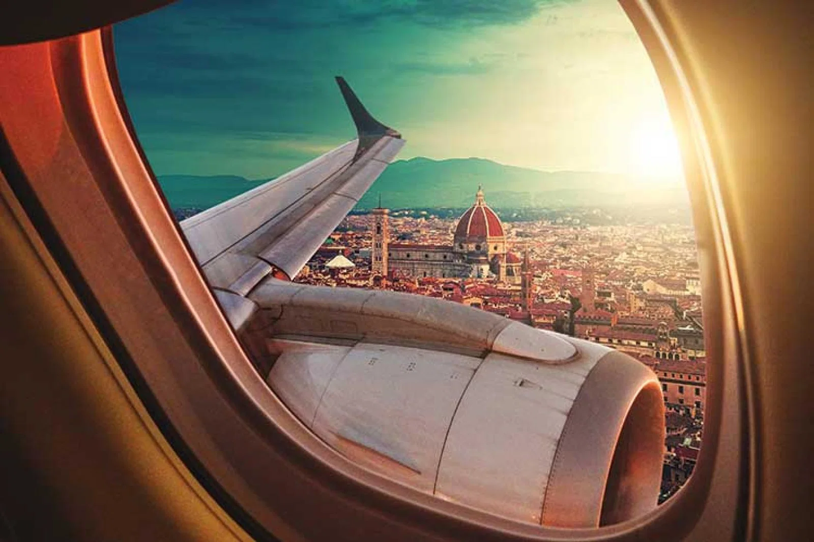 Mediterranean city through an aircraft window