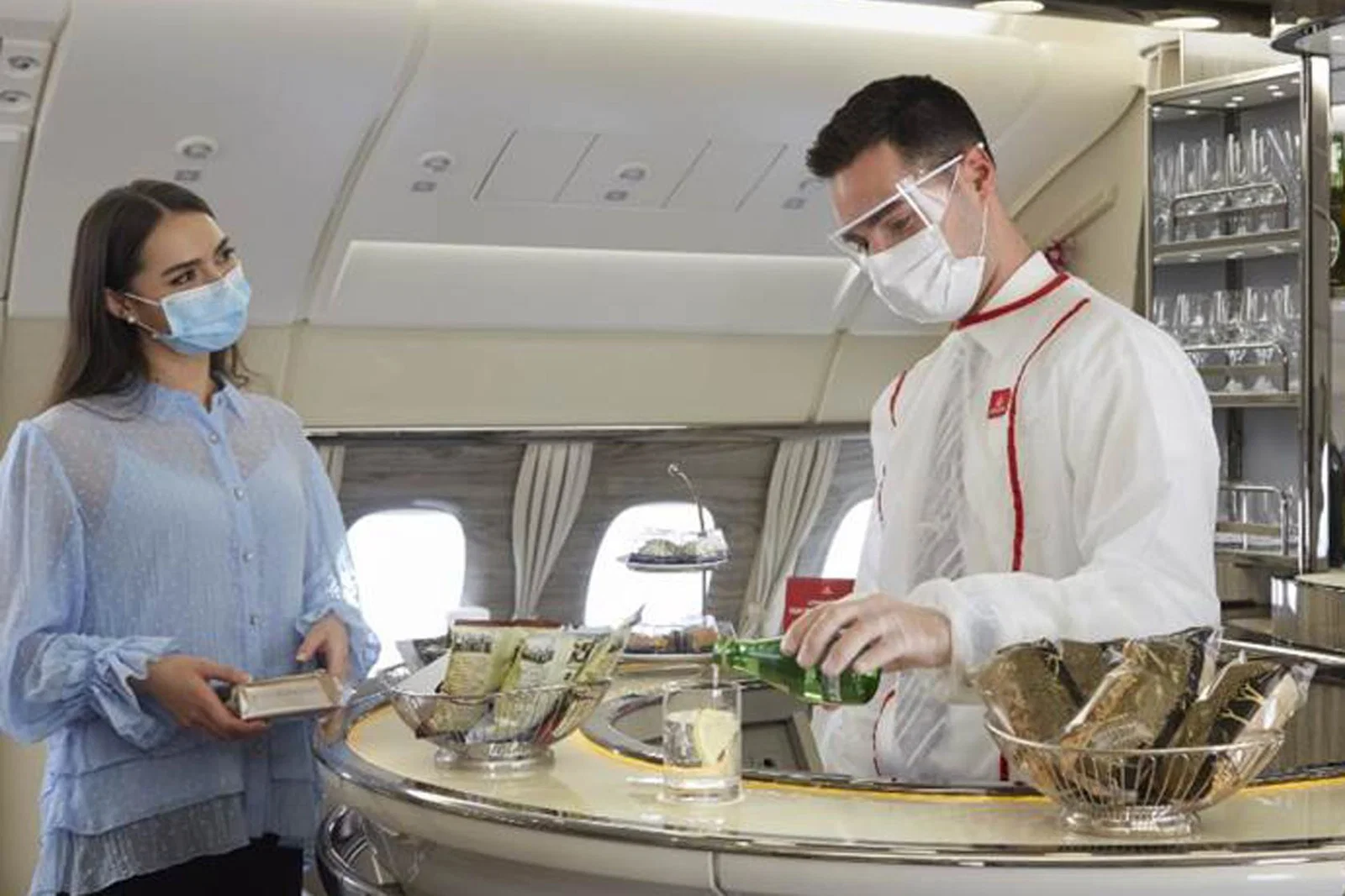 Emirates' premium passengers' bar has re-opened for takeaway drinks