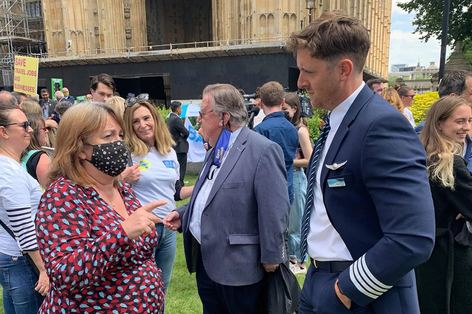 Liberal Democrat Treasury spokesperson Christine Jardine talks to a constituent pilot during this summer's Travel Day of Action