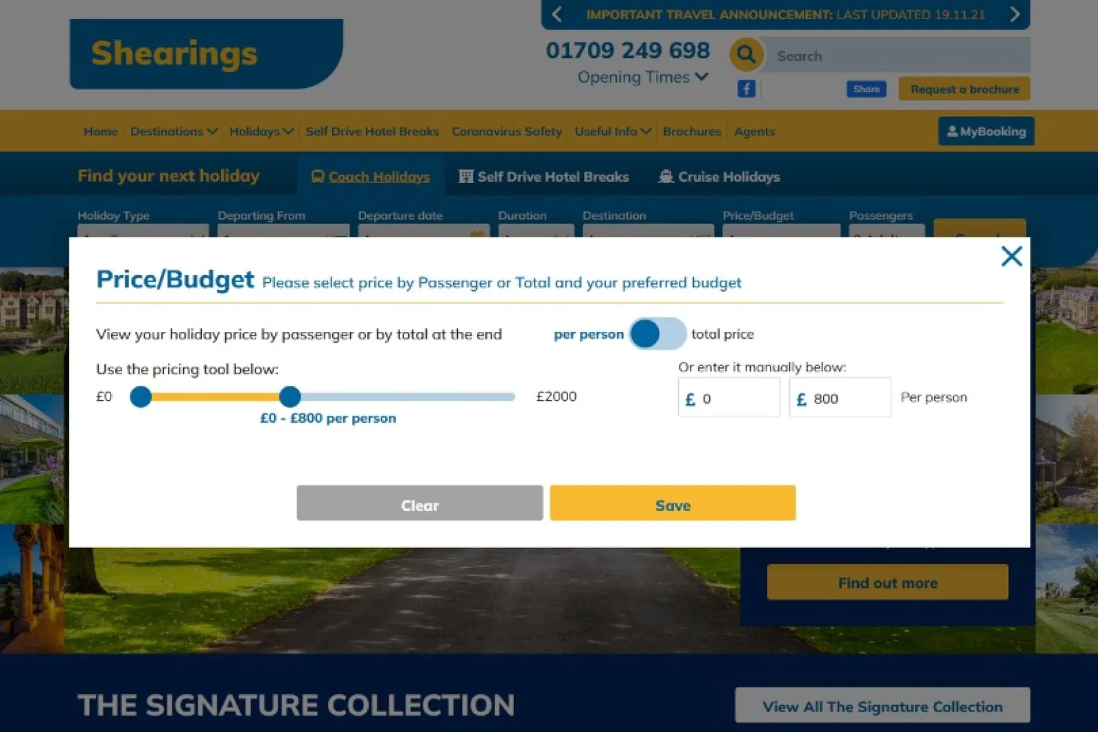 The search function also has a new look on the Shearings website
