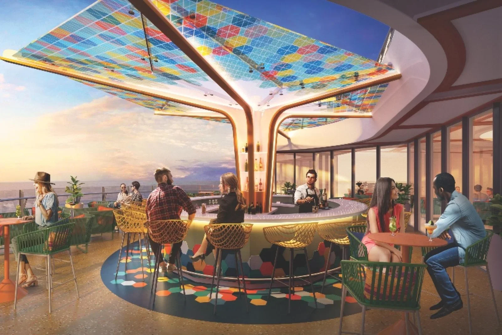 Royal Caribbean Wonder of the Seas' Vue Bar offers panoramic views of the ocean