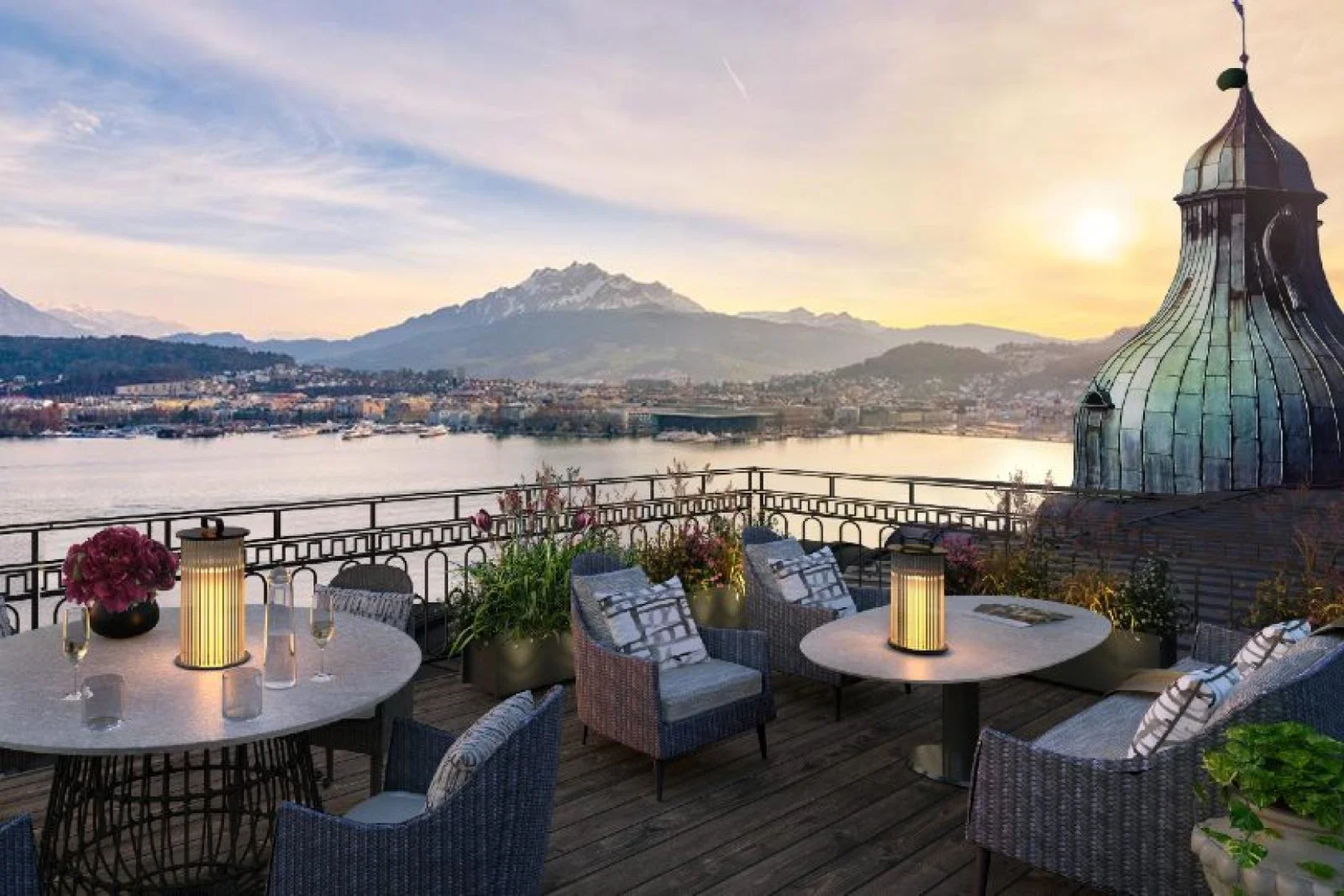 A suite terrace overlooking Lake Lucerne (Credit: Jestico+Whiles)