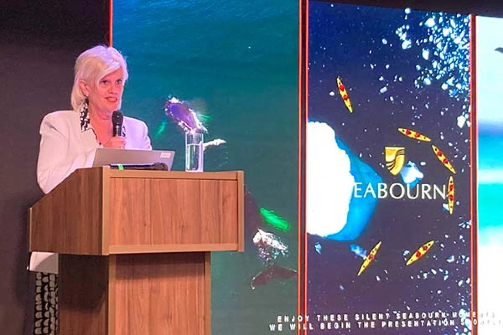 Lynn Narraway spoke during a trade event in Tilbury onboard Seabourn Venture