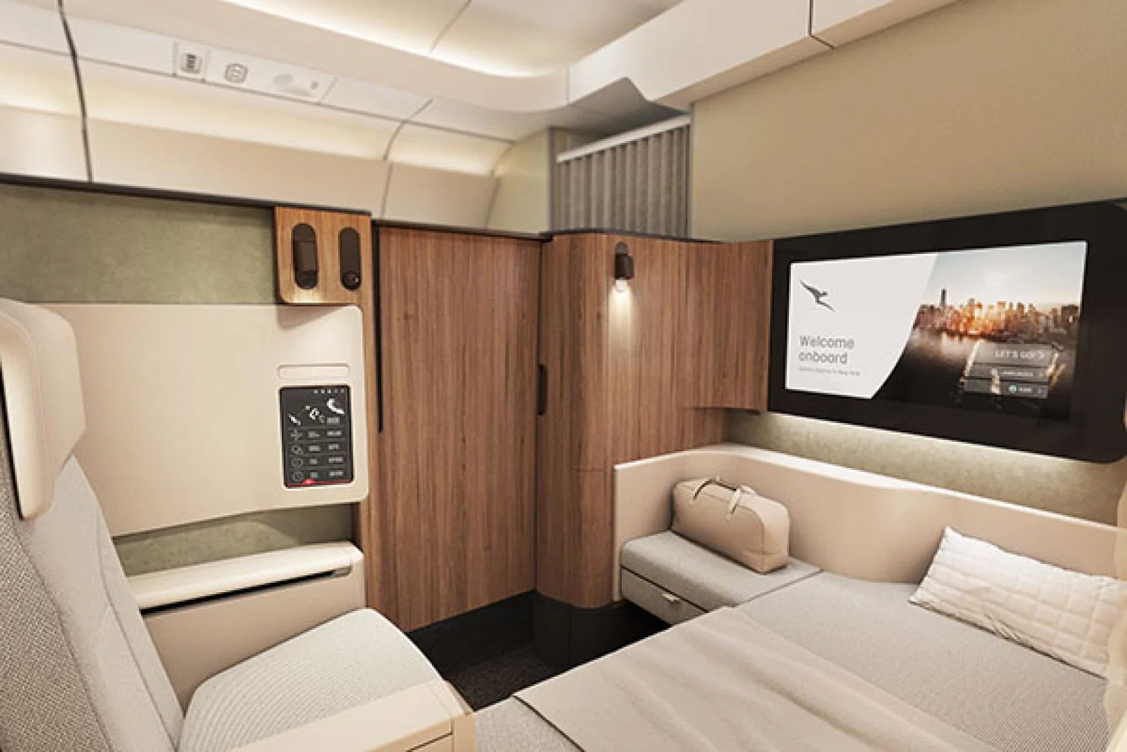 The new First class cabin on Qantas' Airbus A350s