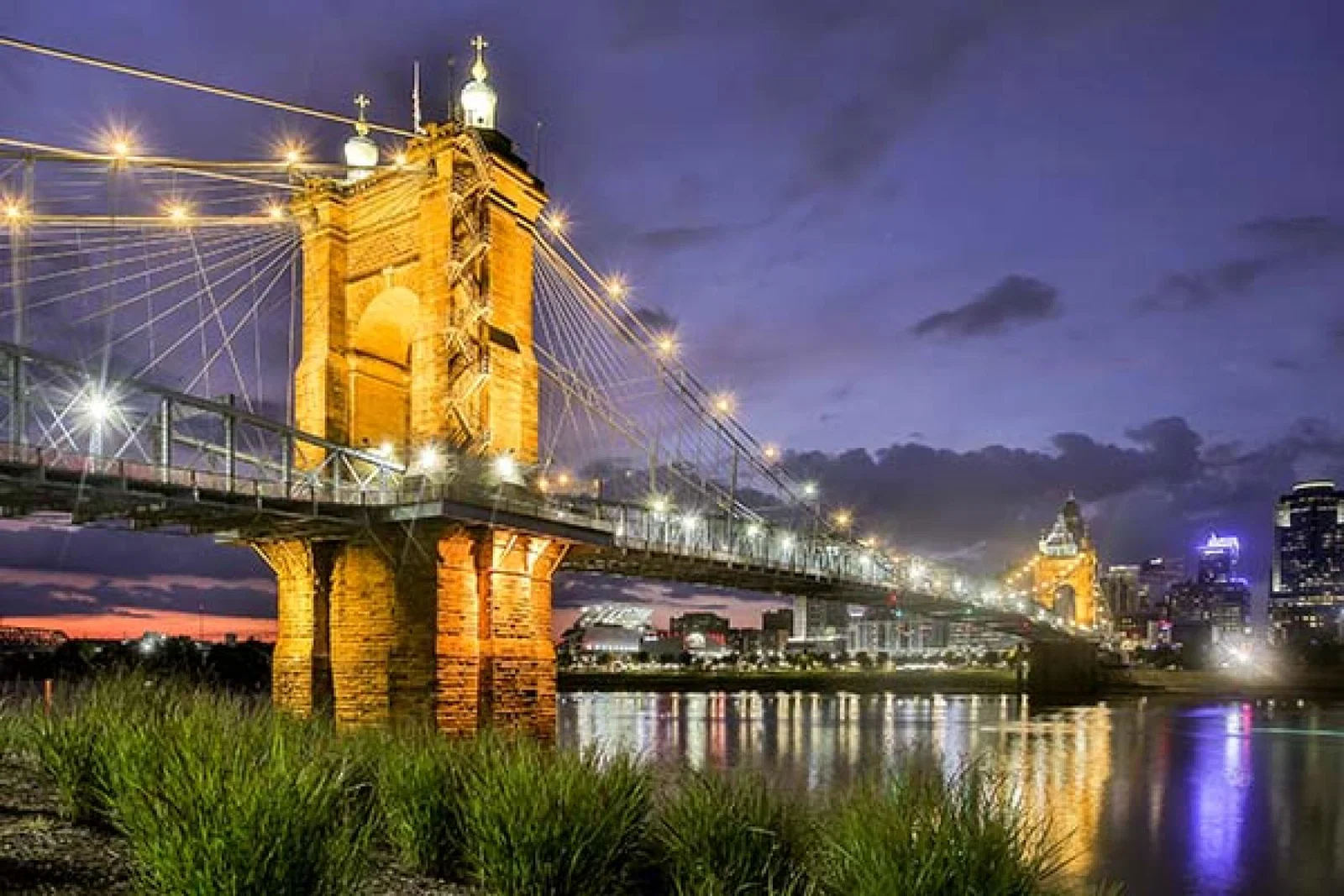 The Roebling Suspension Bridge spans the Ohio River 