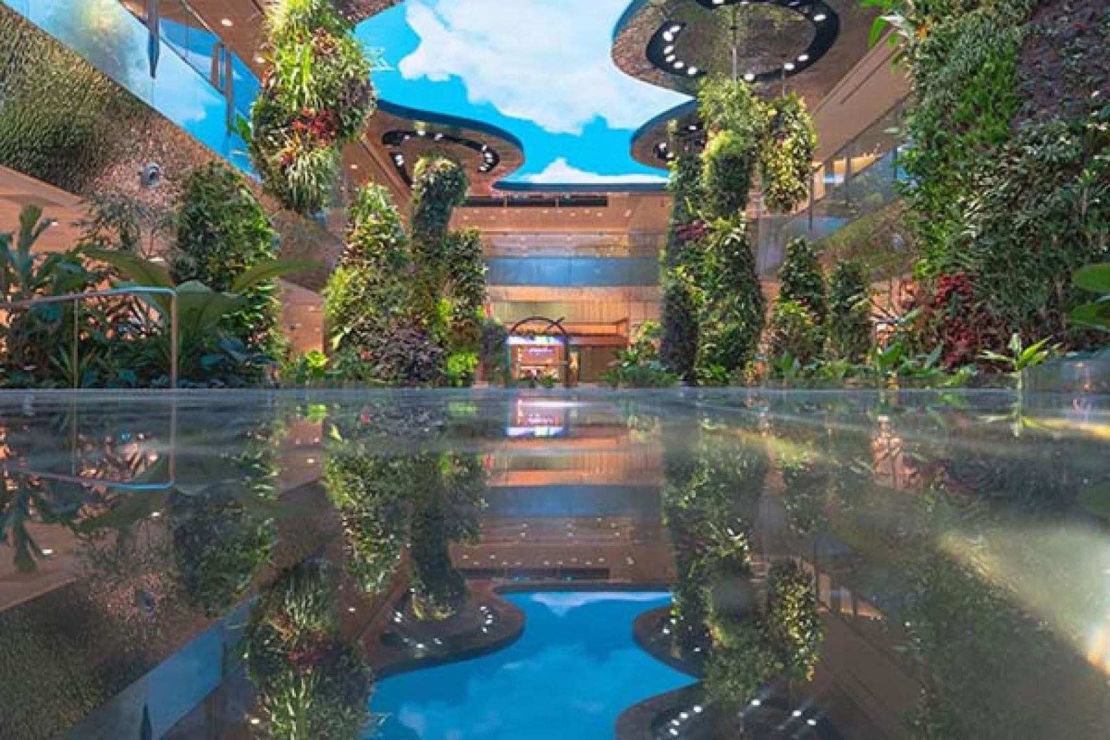 Changi T2 is home to a sparkling, reflective pond platform