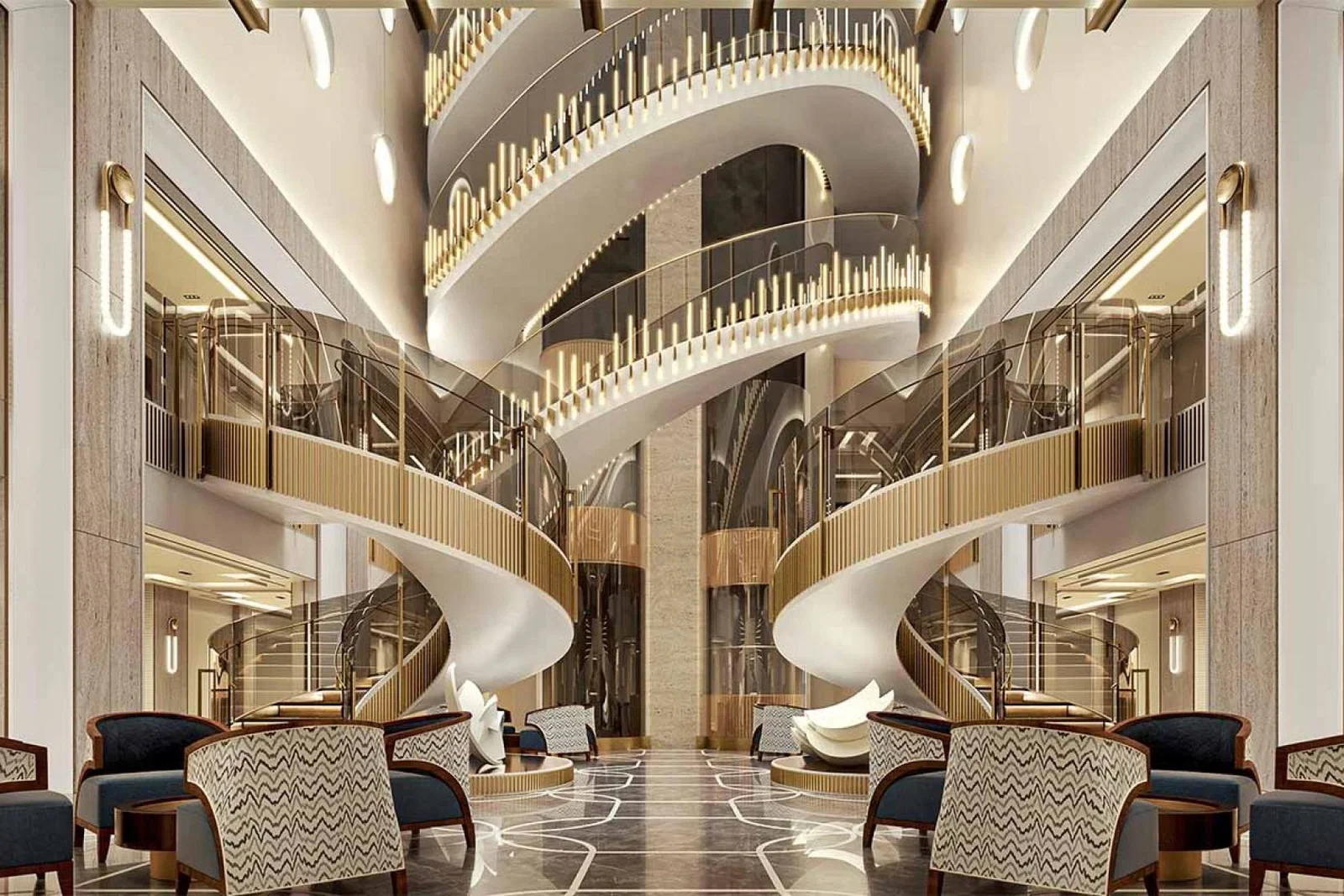 The glass ceilinged Starlight Atrium onboard Seven Seas Prestige