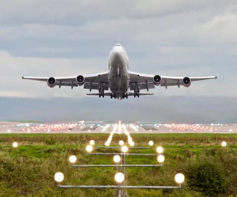 An aircraft takes off from Manchester airport
