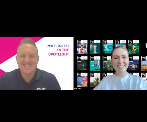 Screenshot of Mike Pack from Princess Cruises and Jess Reid from TTG Media smiling during video interview