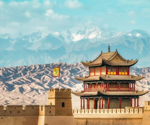 Jiayuguan Castle in Gansu, China on a mildly cloudy day