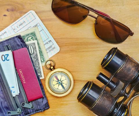 Holiday essentials including passport, money, sunglasses and binoculars