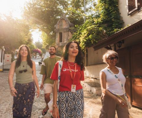 Tour group walking through European town