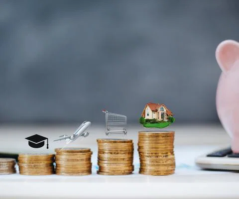 A row of coins of different heights with different spending priorities on top of them next to a piggybank