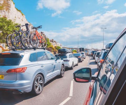 Cars queue on the approach to the Port of Dover