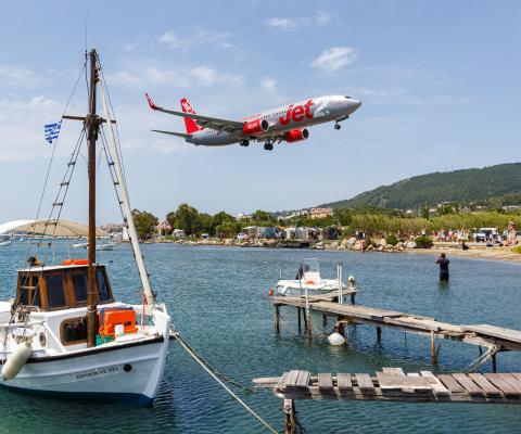 A Jet2 aircraft comes in to land at Greece's Skiathos airport