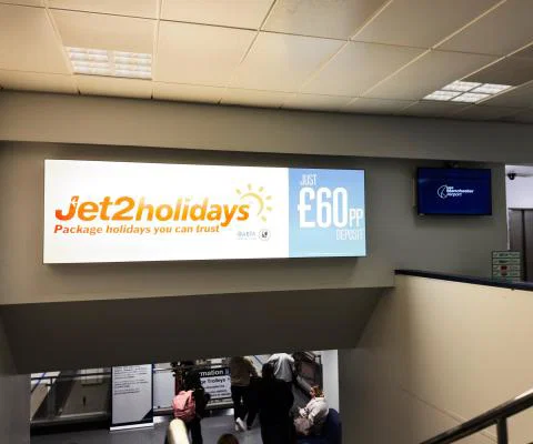 A Jet2 banner ad at Manchester airport
