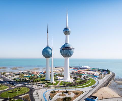 An aerial photograph of the Towers along the coast of Arabian Gulf Street, Kuwait