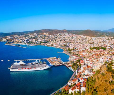 Kusadasi city aerial panoramic view in Aydin Province, Turkey