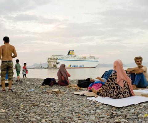 Refugees on the beach in Greece
