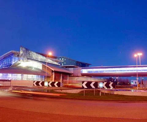 Manchester Airport Rail Station exterior night