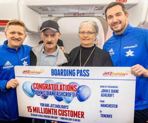 Sam Aston and Anthony Quinlan with Jet2holidays’ 15 millionth customers John and Diane Ashcroft