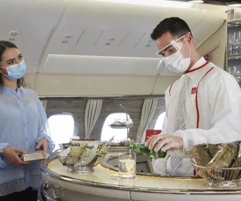 Emirates' premium passengers' bar has re-opened for takeaway drinks