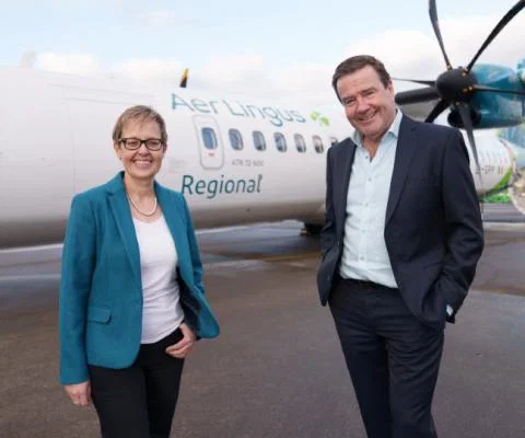 Aer Lingus' Lynne Embleton and Conor McCarthy from Emerald Airlines celebrate Air Lingus Regional flights going on sale