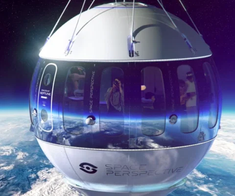 Space Perspective's Spaceship Neptune is suspended from a balloon