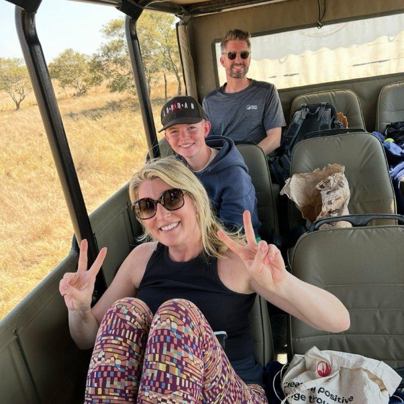 Jo Reeve pictured with partner Owen and son Beau on safari Jo Reeve pictured with partner Owen and son Beau on safari