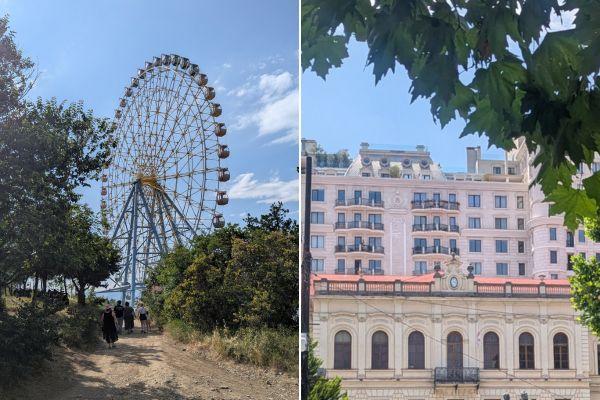 Mtatsminda Park's ferris wheel, left, and right, Tbilisi's striking architecture