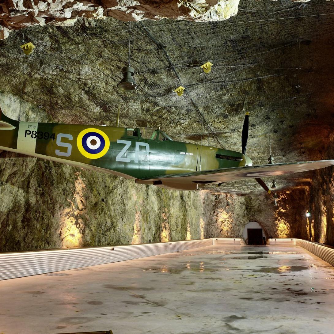 The World War II tunnels in Gibraltar feature a life-sized replica of the famous Spitfire aircraft