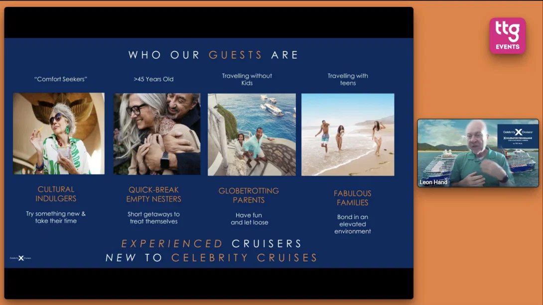 Leon Hand explains the key clients of Celebrity Cruises on screenshot from webinar