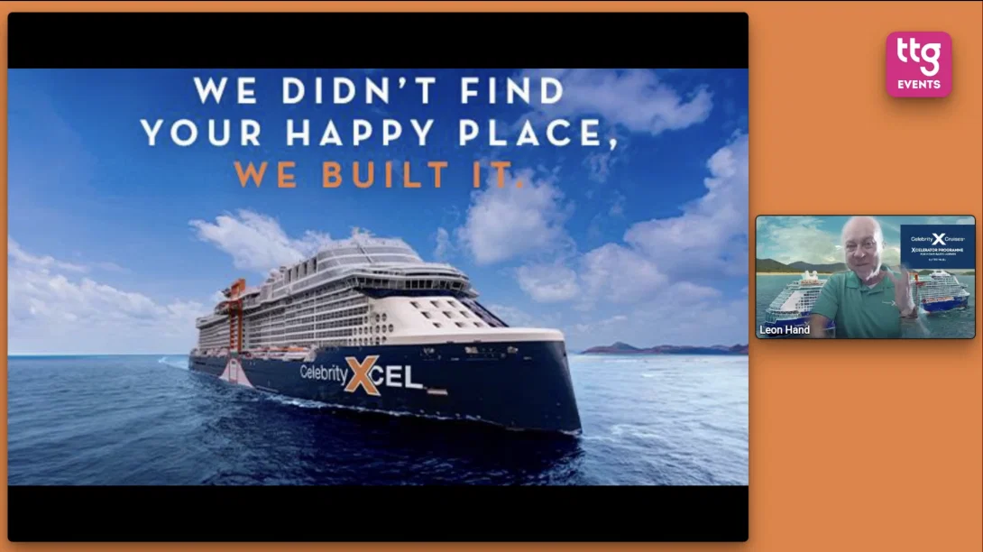 Screenshot from webinar with Leon Hand talking and an image of new Celebrity Xcel cruise ship