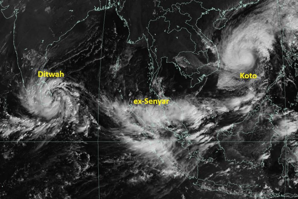 A meterological map of Cyclone Ditwah, ex-Cyclonic Storm Senyar and typhoon Koto A meteorological map of Cyclone Ditwah, ex-Cyclonic Storm Senyar and typhoon Koto