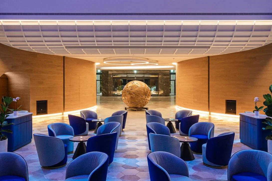 Hotel lobby with blue seats